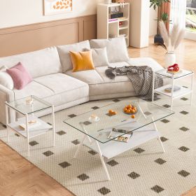Coffee Table and End tables Set of 3, Tempered Glass Table with MDF layer, Modern Tables for Living Room , Transparent Glass (Color: as Pic)